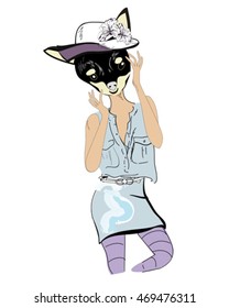 Cute fashion dog  in hat and jeans skirt and shirt. Hand drawn Vector Illustration.