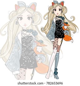 Cute fashion foxy girl cartoon character with little fox, hand drawn vector illustration art