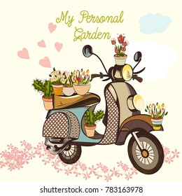 Cute fashion garden  illustration with bike, flowers and hearts