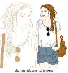 Cute fashion girl with bag vector illustration