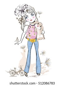 Cute fashion girl with a bunny. Girl in jeans. Hand drawn Vector Illustration.