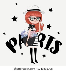 Cute fashion girl with flowers in Paris vector illustration.