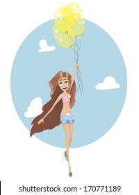 Cute fashion girl fly on yellow balloon. Vector