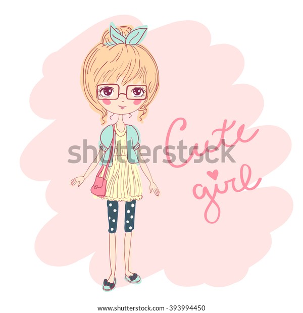 Cute Fashion Girl Glasses Handbag Sketch Stock Vector