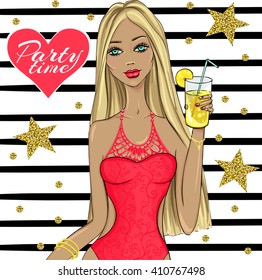 Cute fashion girl. Party lady. Blonde model. Happy and beautiful woman with a cocktail. Young teen.
