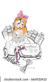 A cute fashion girl with a pink bow and a car. Cartoon style. Hand drawn vector illustration.