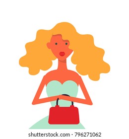 Cute fashion girl with  red handbag. Funny cartoon character. Colorful vector illustration isolated on white background.