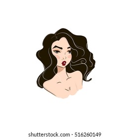 Cute fashion girl with red lips and black hair vector / t-shirt printing /Book illustrations for kids / Romantic illustration hand drawing / cartoon character / For clothing or other objects in vector