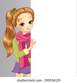 Cute fashion girl in scurf hold a big vertical banner isolated on a white background for your text