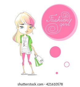 Cute fashion girl with shopping bags. Cartoon girl with a ponytail, colored pink and green chalk hair. Hand drawn vector illustration isolated. Fashionable young girl with multicolored hair