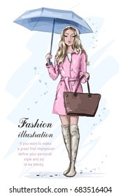 Cute fashion girl with umbrella. Stylish beautiful woman in fashion clothes. Hand drawn fashion model. Sketch. Vector illustration.