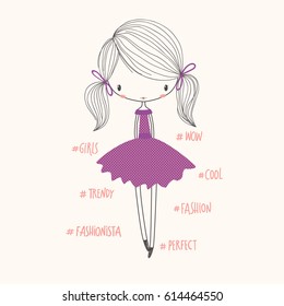Cute fashion girl. Vector nursery illustration. Can be used for kid's clothing. Use for t shirt template, surface design, print