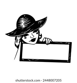 Cute fashion girl wearing a hat and holding a banner for text black illustration design