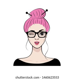 Cute fashion girl. Wink. Avatar. Vector illustration in cartoon style