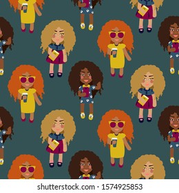 Cute fashion girls seamless vector pattern. Teenager women with curly hair crowd flat cartoon style on blue repeat texture.