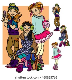 Cute fashion girls.cartoon characters.vector illustration.