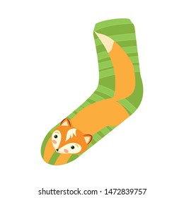 Cute fashion green color sock and orange fox print