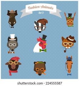 Cute fashion Hipster Animals with flat design. Vector Illustration