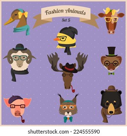 Cute fashion Hipster Animals with flat design. Vector Illustration