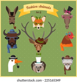 Cute fashion Hipster Animals with flat design. Vector Illustration