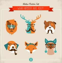 Cute Fashion Hipster Animals  Pets, Set Of Vector Icons