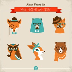 Симпатичные моды Хипстер Животные и домашние животные, набор векторных иконок