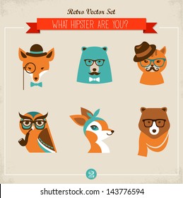 Cute fashion Hipster Animals & pets, set of vector icons