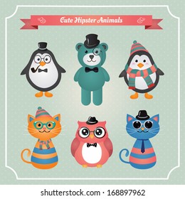 Cute fashion Hipster Animals & pets, set of vector icons, illustration