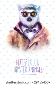 Cute fashion Hipster Animals and  pets lemur, set of vector icons bear portrait. Vector illustration