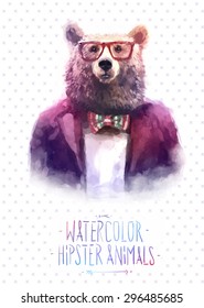 Cute fashion Hipster Animals and  pets wolf, set of vector icons bear portrait. Vector illustration