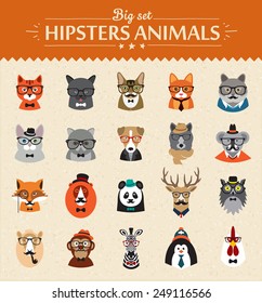 Cute fashion Hipster  Animals  of vector icons large set illustrator vector modern concept of flat design