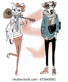 cute fashion hipster dog and cat