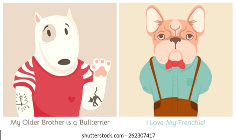 Cute Fashion Illustration of dressed up Bull Terrier and French Bulldog