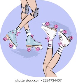 Cute fashion illustration. Retro roller skates on girls' feet. Vector 