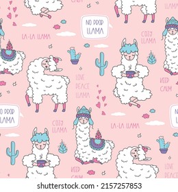 Cute Fashion Lama animals in various pose, seamless pattern. Different quotes, doodle american wild animals drawing texture background. Scandinavian style design. Vector illustration