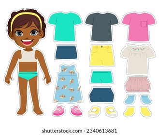 Cute fashion model girl kid with different clothes and accessories. Vector illustration of little female child with matching outfits game