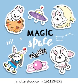 Cute fashion patch badges collection with funny space bunny on a blue background for children