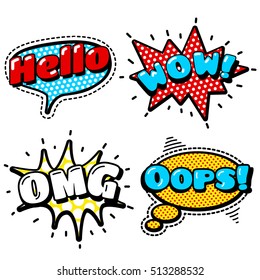 Cute Fashion Patch Badges with Hello, WOW, OMG, Oops. Speech Bubbles, Stars and Other Elements. Set of Stickers, Pins, Patches in Cartoon 80s-90s Comic Style.