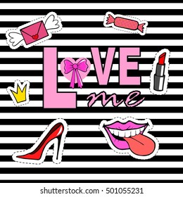 Cute fashion patch badges with lips, shoes, crown, mouth, candy, envelope, lipstick. Love me, romantic design. Striped background. Set of doodle stickers, pins, in cartoon 80s-90s comic style