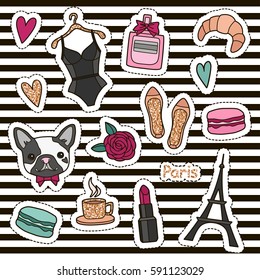 Cute fashion patch badges set: hearts, Eiffel tower, flower, macaroons, lingerie, lipstick, bulldog, perfume, shoes, croissant, cup of coffee. Paris romantic design. Vector trendy illustration.