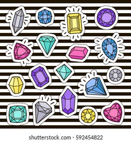 Cute fashion patch badges set: gems and diamonds in different colors. Vector trendy illustration.