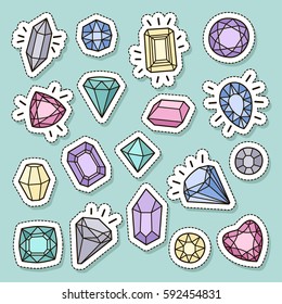 Cute fashion patch badges set: gems and diamonds in different colors. Vector trendy illustration.