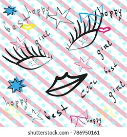 Cute fashion pattern with patch badges: lips, heart, eyes, star, lashes. Vector trendy illustration.