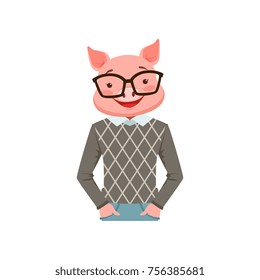 Cute fashion pig guy character, hipster animal flat vector illustration