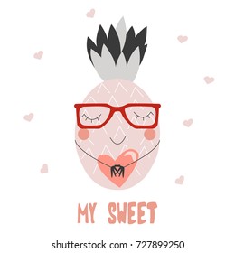 Cute fashion pineapple with heart. Vector hand drawn illustration.