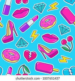 Cute fashion seamless pattern with colorful patches. Stickers of ice cream, cherry, lipstick, heart, high heel shoes, donuts, diamonds etc on blue background. Vector illustration