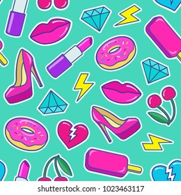 Cute fashion seamless pattern with colorful patches. Stickers of ice cream, cherry, lipstick, heart, high heel shoes, donuts, diamonds etc on green background. Vector illustration