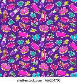 Cute fashion seamless pattern with colorful patches. Stickers of ice cream, cherry, lipstick, heart, high heel shoes, donuts, diamonds etc on violet background.  Vector illustration