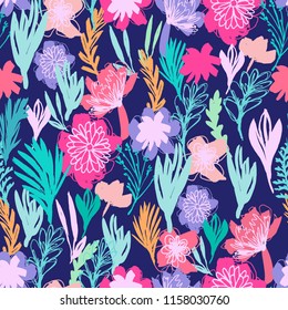 Cute Fashion Seamless Pattern with Exotic Flowers and Leaves 