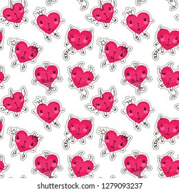 Cute fashion seamless pattern with patch badges: cartoon hand drawn funny red hearts.  Vector trendy illustration.